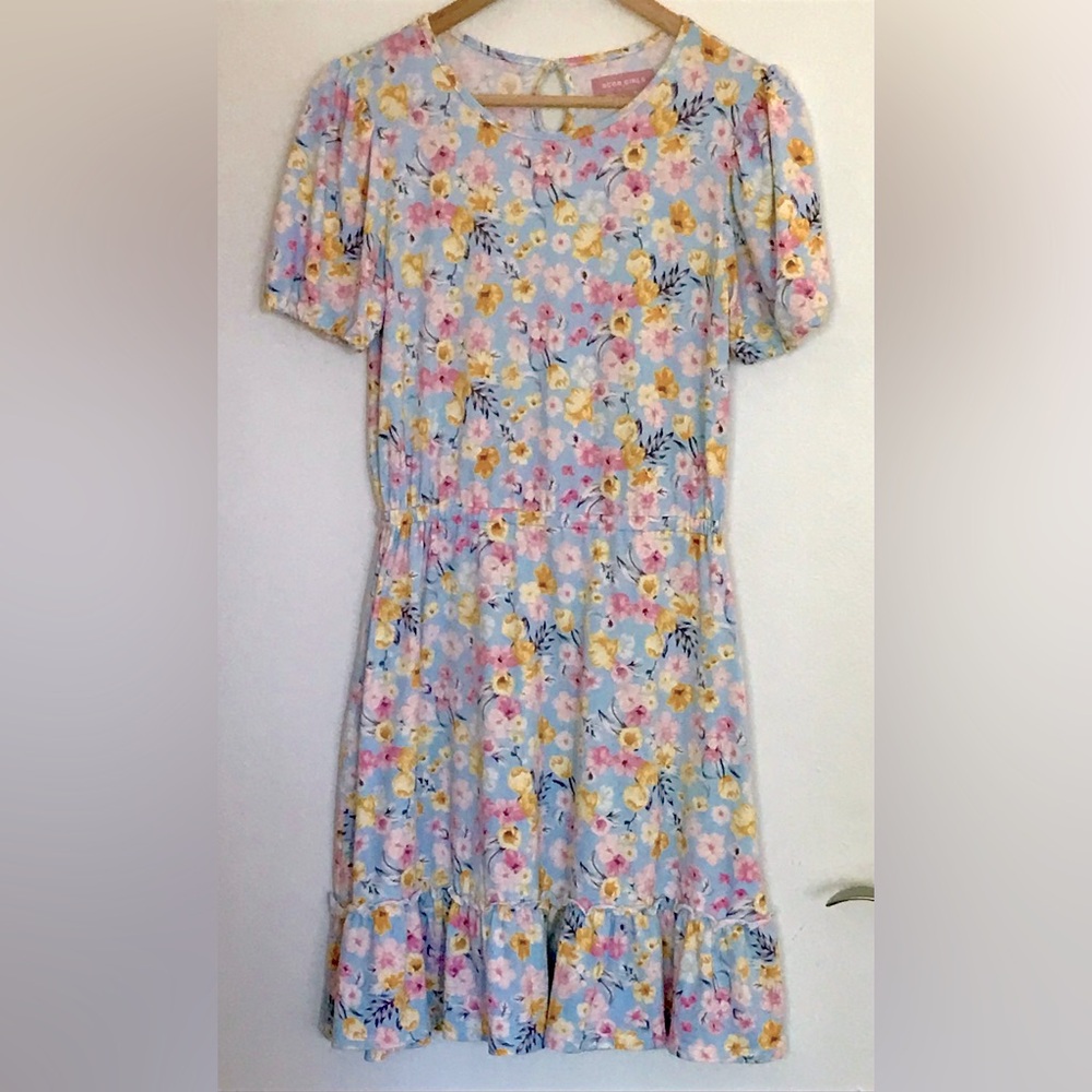 Girls' Light Blue Floral Puff-Sleeve Dress